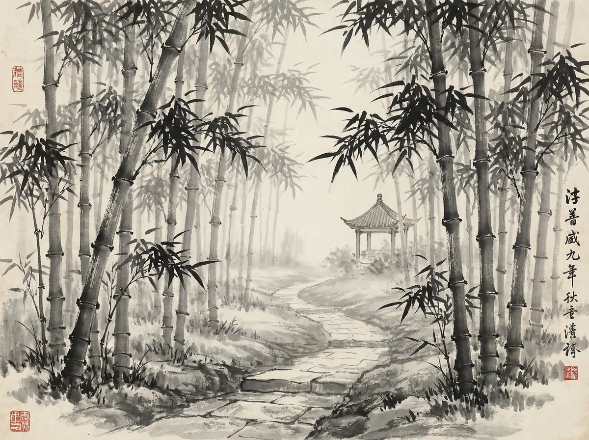 ag百家乐金沙国际竹林小径水墨画展示宁静禅意