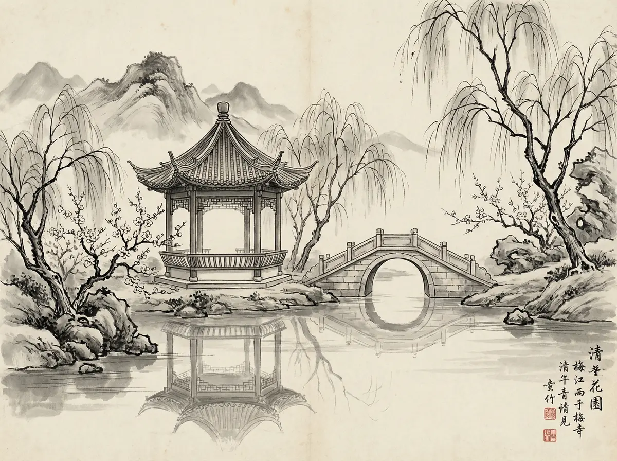 ag百家乐水墨画中的亭台楼阁与石桥倒影