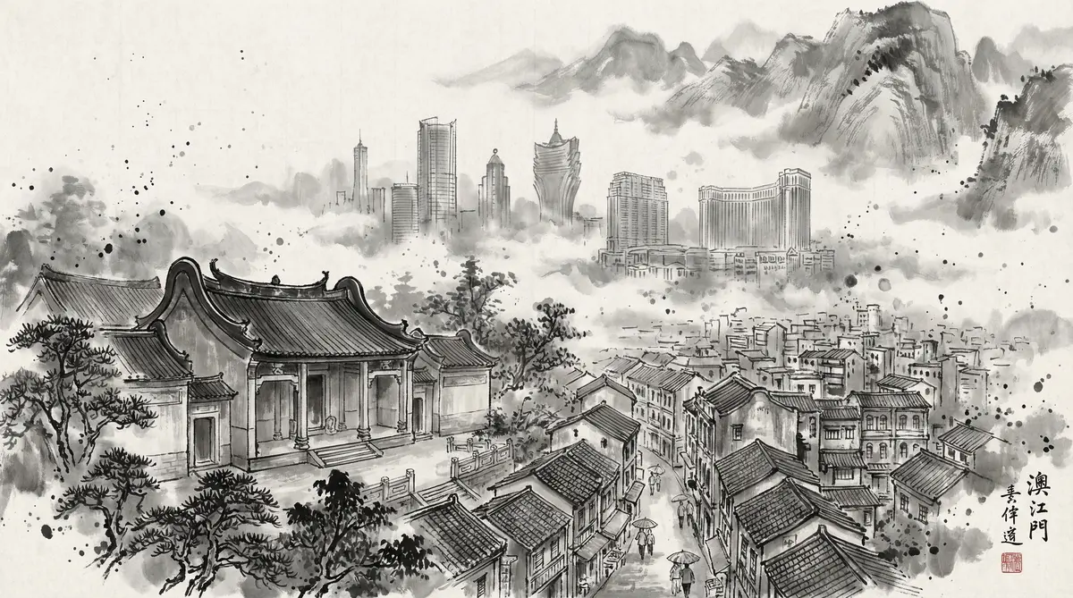 ag百家乐水墨国风全景画卷展现澳门古老街巷与现代酒店建筑群