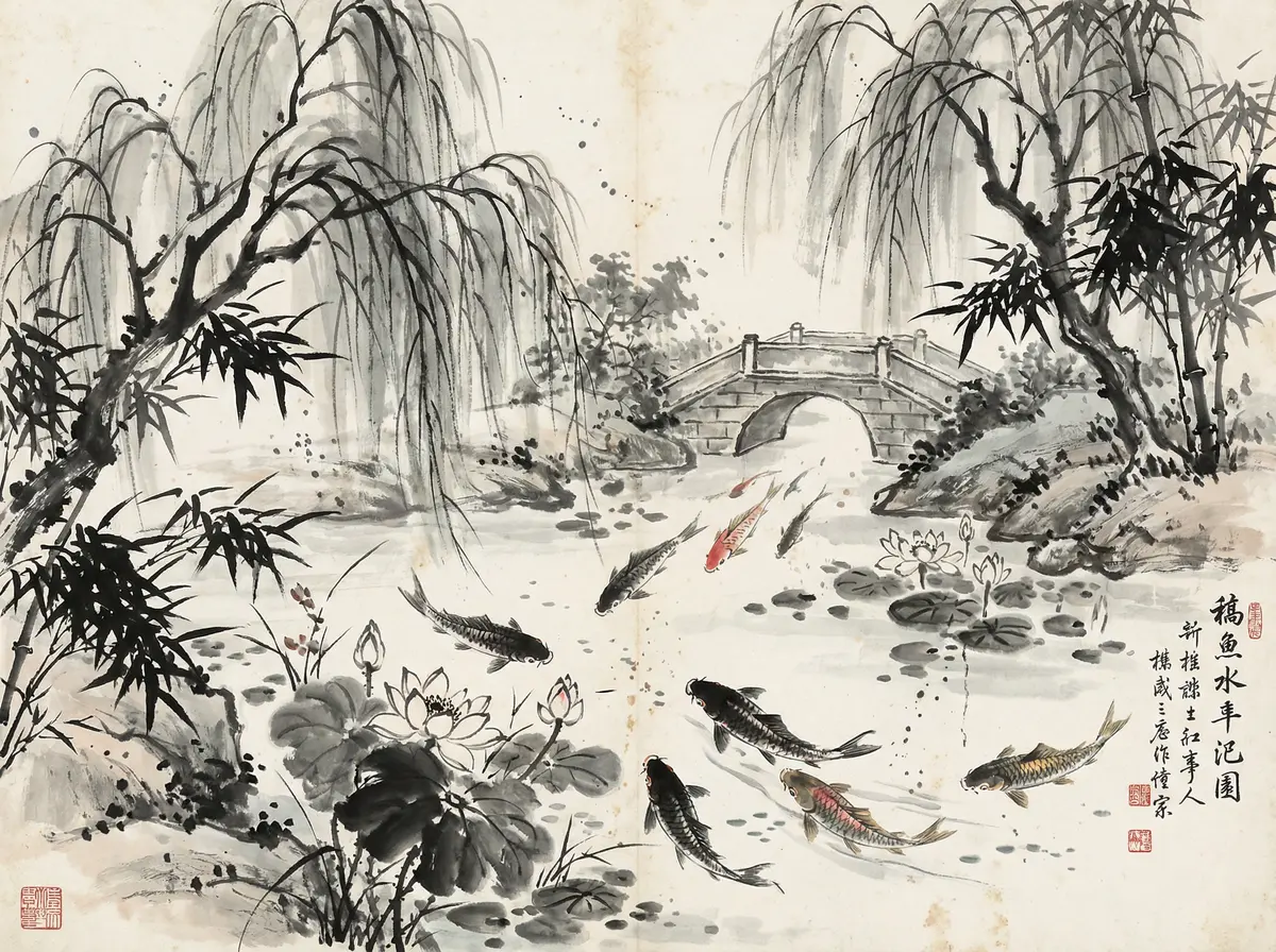 ag百家乐金沙国际锦鲤池水墨画展示东方园林元素