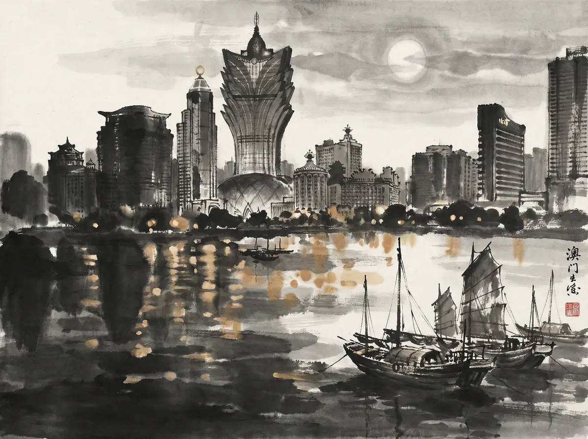 ag百家乐澳门夜景水墨画展示新葡京与城市天际线